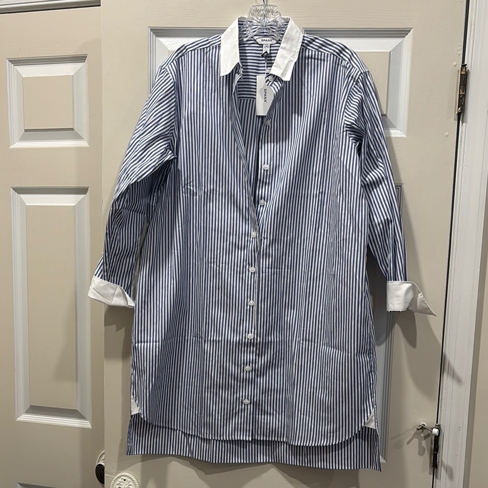 SPANX Blue and White Casual Button Down Shirt Dress!
